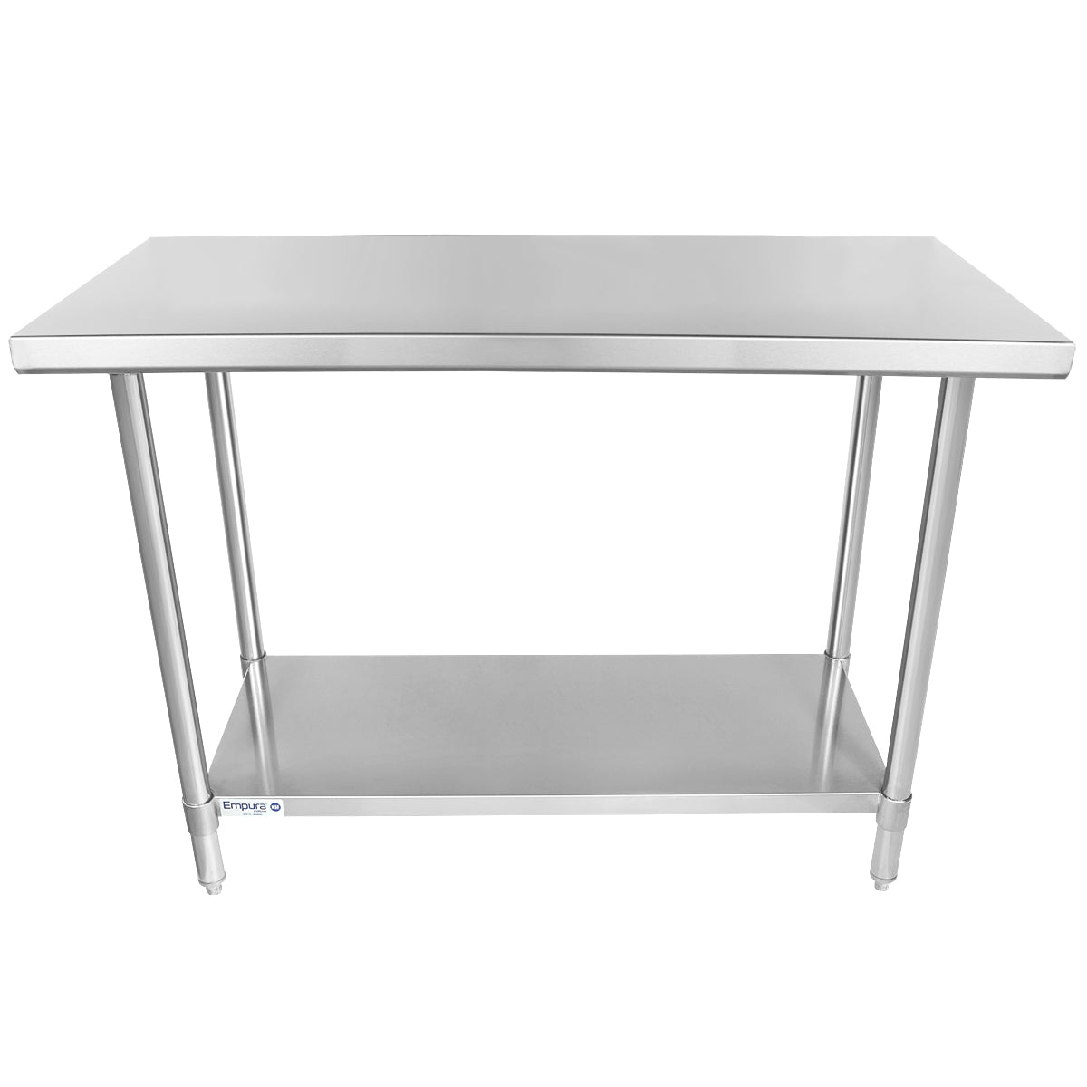 A stainless steel NSF work table with a flat rectangular top, four cylindrical legs, and a lower shelf for storage. Its simple, functional design and polished industrial appearance make it ideal for kitchens or workspaces.