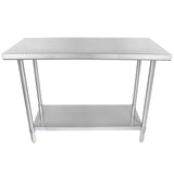 A stainless steel NSF work table with a flat rectangular top, four cylindrical legs, and a lower shelf for storage. Its simple, functional design and polished industrial appearance make it ideal for kitchens or workspaces.