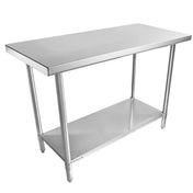 A stainless steel NSF work table with a smooth rectangular top, four cylindrical legs, and an open lower shelf for extra storage. Its sleek, industrial design stands out against a plain white background.