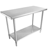 This NSF stainless steel work table features a smooth rectangular top, four round legs, and a lower shelf for extra storage. Its simple, industrial design is durable and perfect for kitchens or workspaces, with adjustable feet for stability.