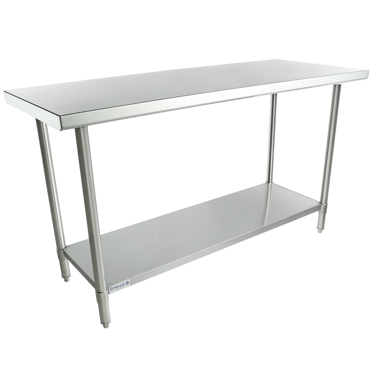 A stainless steel NSF work table featuring a flat rectangular top, four cylindrical legs, and a lower storage shelf. This simple, industrial design is ideal for kitchens or workspaces with its shiny metallic surface and durable frame.