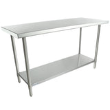 A stainless steel NSF work table featuring a flat rectangular top, four cylindrical legs, and a lower storage shelf. This simple, industrial design is ideal for kitchens or workspaces with its shiny metallic surface and durable frame.