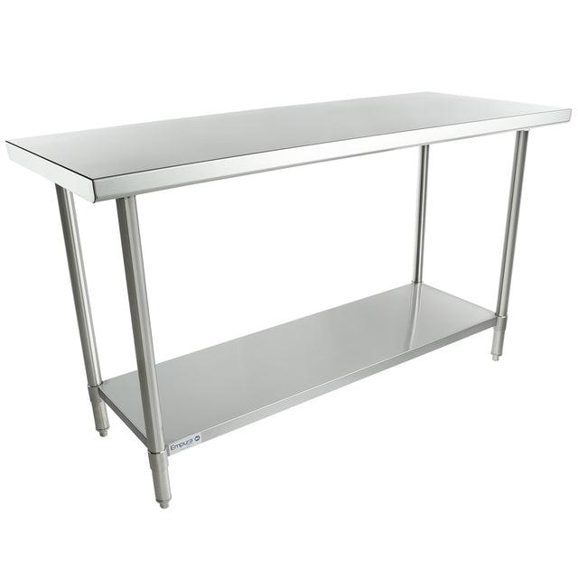 A stainless steel NSF work table featuring a flat rectangular top, four cylindrical legs, and a lower storage shelf. This simple, industrial design is ideal for kitchens or workspaces with its shiny metallic surface and durable frame.