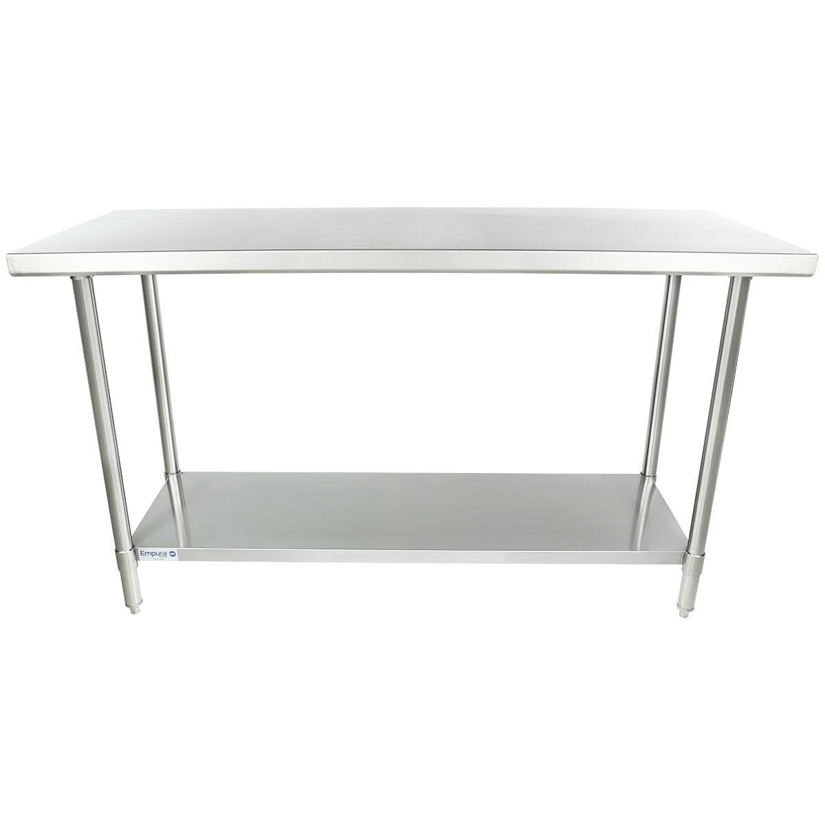 A stainless steel NSF work table with four straight legs, a smooth flat top, and an undershelf for extra storage. The simple, functional design is ideal for kitchens, workshops, or commercial settings. The background is plain white.