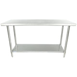 A stainless steel NSF work table with four straight legs, a smooth flat top, and an undershelf for extra storage. The simple, functional design is ideal for kitchens, workshops, or commercial settings. The background is plain white.