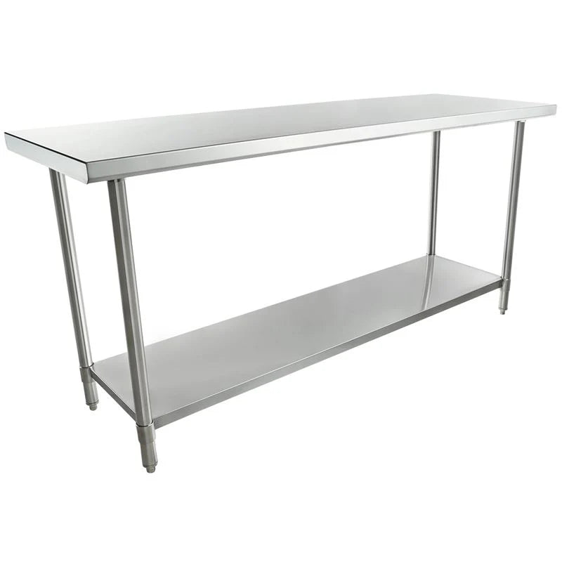A stainless steel NSF work table with a smooth rectangular top, four tubular legs, and an undershelf for extra storage. The simple, sturdy industrial design is ideal for kitchens or workspaces. The background is plain white.