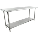A stainless steel NSF work table with a smooth rectangular top, four tubular legs, and an undershelf for extra storage. The simple, sturdy industrial design is ideal for kitchens or workspaces. The background is plain white.