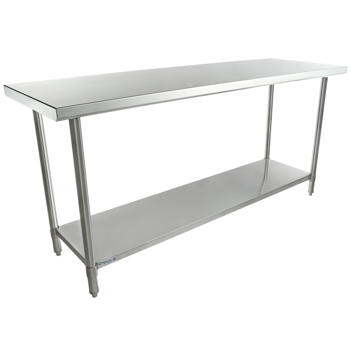 A 72 inch stainless steel work table with a smooth rectangular top, four cylindrical legs, and an undershelf for storage. This NSF work table features a simple, industrial design ideal for commercial kitchens or food prep areas.