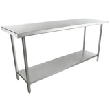 A 72 inch stainless steel work table with a smooth rectangular top, four cylindrical legs, and an undershelf for storage. This NSF work table features a simple, industrial design ideal for commercial kitchens or food prep areas.