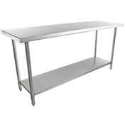 A 72 inch stainless steel work table with a smooth rectangular top, four cylindrical legs, and an undershelf for storage. This NSF work table features a simple, industrial design ideal for commercial kitchens or food prep areas.