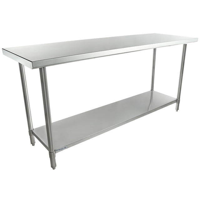 A 72 inch stainless steel work table with a smooth rectangular top, four cylindrical legs, and an undershelf for storage. This NSF work table features a simple, industrial design ideal for commercial kitchens or food prep areas.