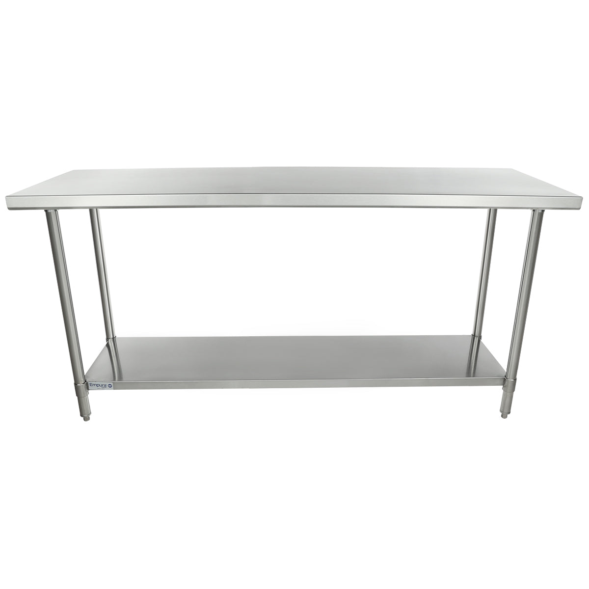 A 72 inch stainless steel work table with a flat rectangular top, four straight legs, and a lower open shelf for storage. This NSF work table features a minimalist, industrial design with a smooth, reflective finish.