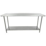 A 72 inch stainless steel work table with a flat rectangular top, four straight legs, and a lower open shelf for storage. This NSF work table features a minimalist, industrial design with a smooth, reflective finish.