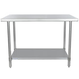 A stainless steel NSF work table with a flat top and undershelf. Featuring four cylindrical legs with adjustable feet, its simple, industrial design suits kitchens or commercial use. The Empura brand logo is visible on the bottom left.