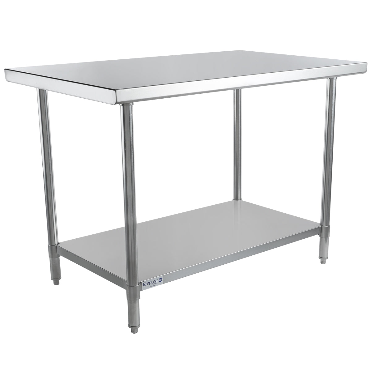 A stainless steel work table with four cylindrical legs, a smooth flat top, and an NSF-certified lower shelf. Its clean, industrial design suits kitchens or workshops, and the shiny surfaces offer a polished, professional look.