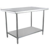 A stainless steel work table with four cylindrical legs, a smooth flat top, and an NSF-certified lower shelf. Its clean, industrial design suits kitchens or workshops, and the shiny surfaces offer a polished, professional look.