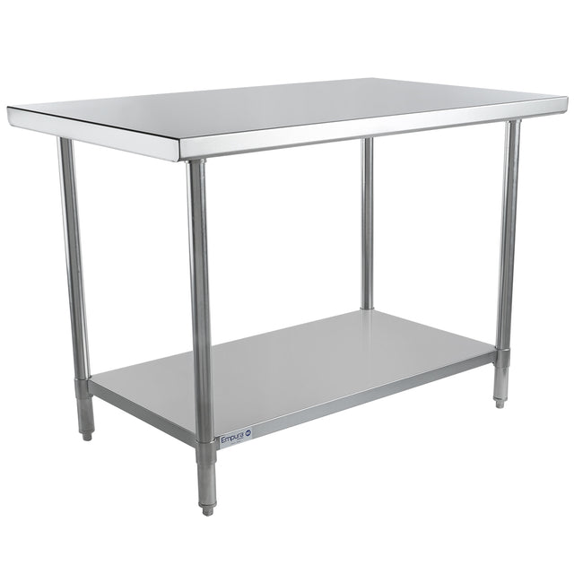 A stainless steel work table with four cylindrical legs, a smooth flat top, and an NSF-certified lower shelf. Its clean, industrial design suits kitchens or workshops, and the shiny surfaces offer a polished, professional look.
