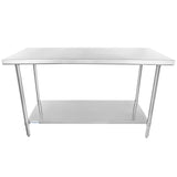 This NSF stainless steel work table features four sturdy legs and an undershelf for extra storage. Its smooth, flat surface and minimalist industrial design make it ideal for kitchens, workshops, or commercial settings.