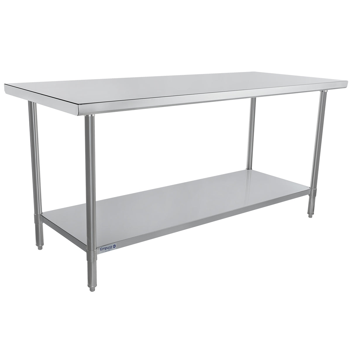 This 72 inch NSF work table features a flat rectangular stainless steel top, four straight legs, and a full-length lower shelf for extra storage. Its simple, industrial design is ideal for commercial kitchens or labs.