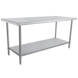 This 72 inch NSF work table features a flat rectangular stainless steel top, four straight legs, and a full-length lower shelf for extra storage. Its simple, industrial design is ideal for commercial kitchens or labs.