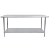 A 72 inch stainless steel work table with four legs and a lower shelf for extra storage. The NSF work table features a smooth, flat top surface and simple, industrial design, ideal for kitchens or workspaces. The background is plain white.