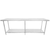 A large, rectangular 96 inch stainless steel work table with four legs and an undershelf for storage. The design is simple and industrial, suitable for kitchens, laboratories, or workshops. The surface and shelf appear smooth and easy to clean.