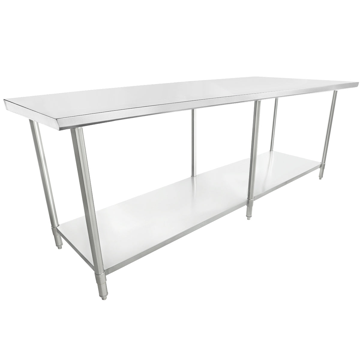 A large 96 inch stainless steel work table with a flat rectangular top, four straight legs, and a lower shelf for storage. The simple, industrial design and shiny metallic finish make it ideal for kitchens or workspaces.