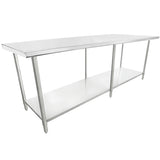 A large 96 inch stainless steel work table with a flat rectangular top, four straight legs, and a lower shelf for storage. The simple, industrial design and shiny metallic finish make it ideal for kitchens or workspaces.