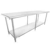 A 96-inch stainless steel work table with a smooth top surface, four sturdy legs, and a lower shelf for extra storage. Its minimal, industrial design is ideal for kitchens or commercial environments.