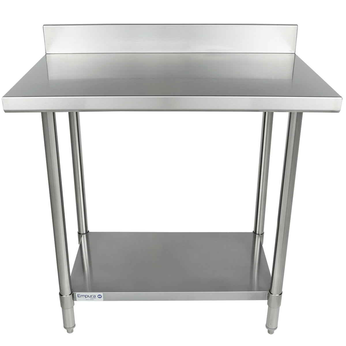 A 36 inch stainless steel work table with a backsplash, sturdy four legs, and an undershelf for extra storage. The smooth, reflective surface is ideal for food prep. The Empura brand logo is visible on the lower left of the undershelf.