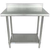 A 36 inch stainless steel work table with a backsplash, sturdy four legs, and an undershelf for extra storage. The smooth, reflective surface is ideal for food prep. The Empura brand logo is visible on the lower left of the undershelf.