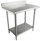 This 36 inch stainless steel work table features a backsplash, four sturdy legs, and an adjustable lower shelf. Its smooth surface and clean, industrial design make it perfect for commercial kitchens or food prep areas.