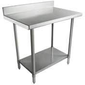 This 36 inch stainless steel work table features a backsplash, four sturdy legs, and an adjustable lower shelf. Its smooth surface and clean, industrial design make it perfect for commercial kitchens or food prep areas.