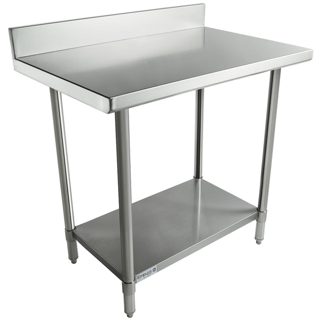 This 36 inch stainless steel work table features a backsplash, four sturdy legs, and an adjustable lower shelf. Its smooth surface and clean, industrial design make it perfect for commercial kitchens or food prep areas.