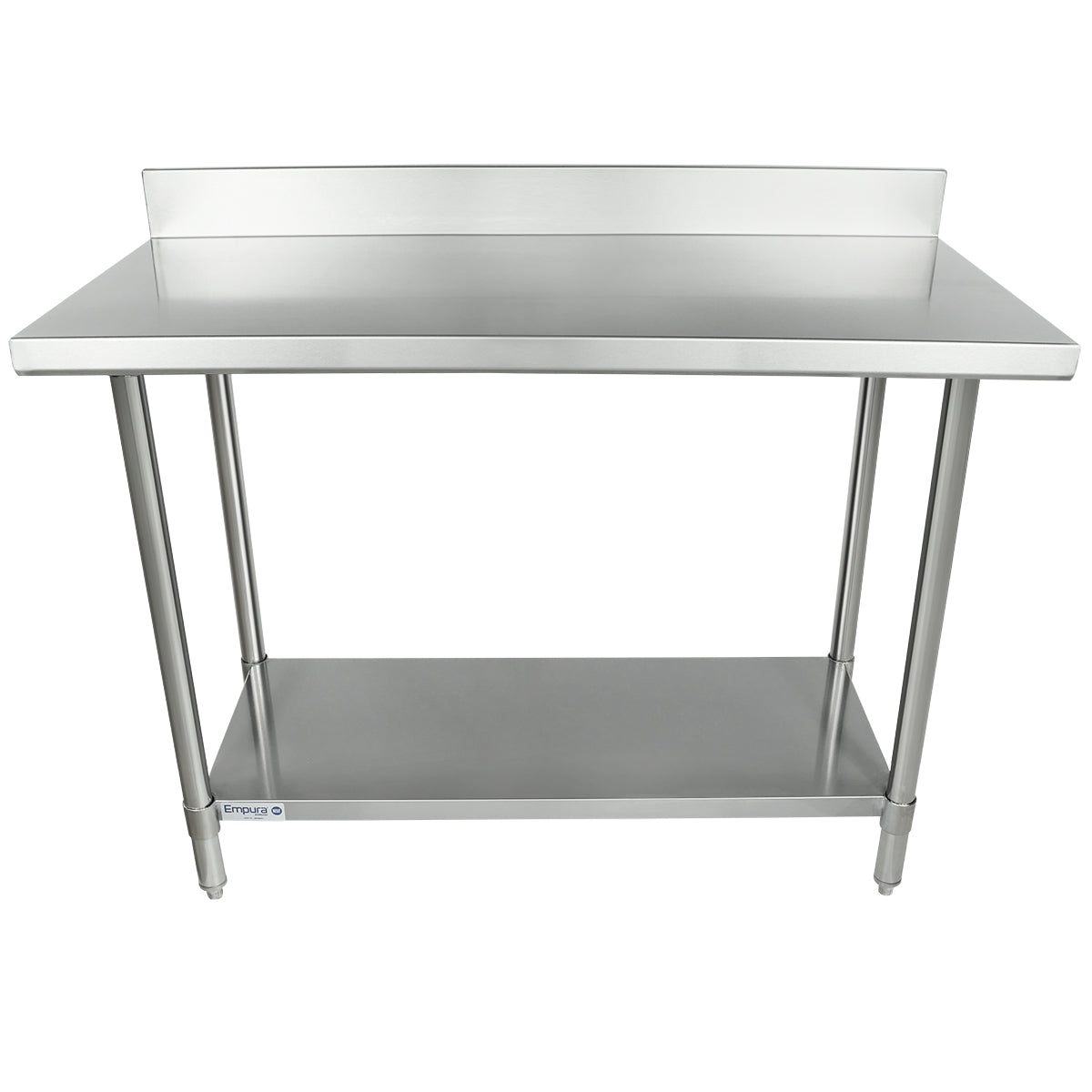 A 48x24 stainless steel work table with four legs, a smooth tabletop, an undershelf for storage, and a raised backsplash. Its sturdy design is perfect for kitchens or industrial workspaces.