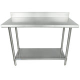 A 48x24 stainless steel work table with four legs, a smooth tabletop, an undershelf for storage, and a raised backsplash. Its sturdy design is perfect for kitchens or industrial workspaces.