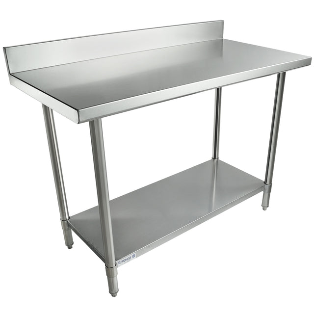 A 48x24 stainless steel work table with a backsplash, four sturdy legs, and a lower shelf for extra storage. The smooth, flat top surface is ideal for commercial kitchens or food preparation areas.