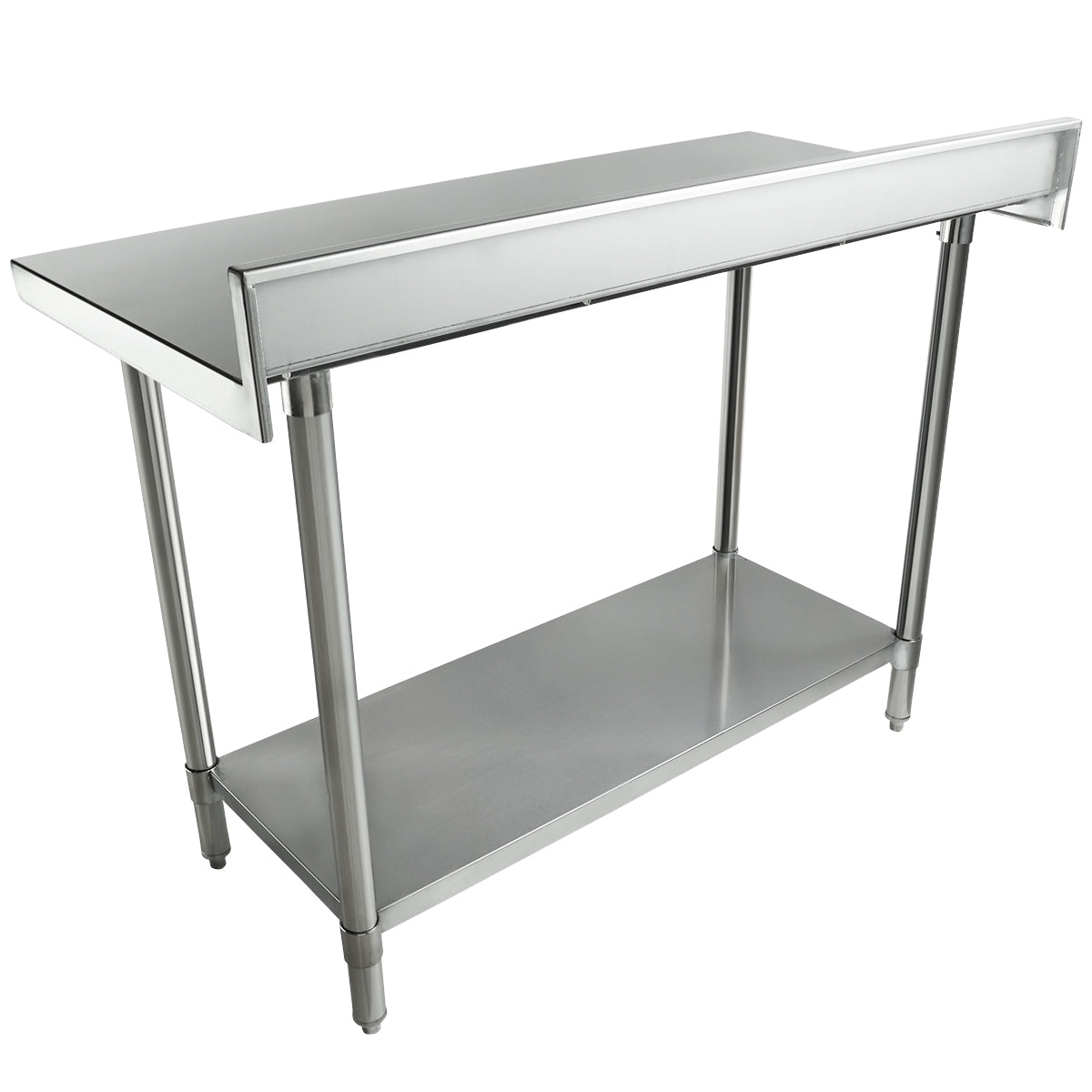 A 48x24 stainless steel work table with a raised edge on three sides, supported by four tubular legs and featuring a lower shelf for added storage. Its clean, industrial look is perfect for kitchen or commercial use.