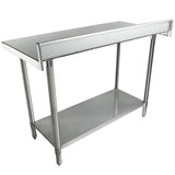 A 48x24 stainless steel work table with a raised edge on three sides, supported by four tubular legs and featuring a lower shelf for added storage. Its clean, industrial look is perfect for kitchen or commercial use.