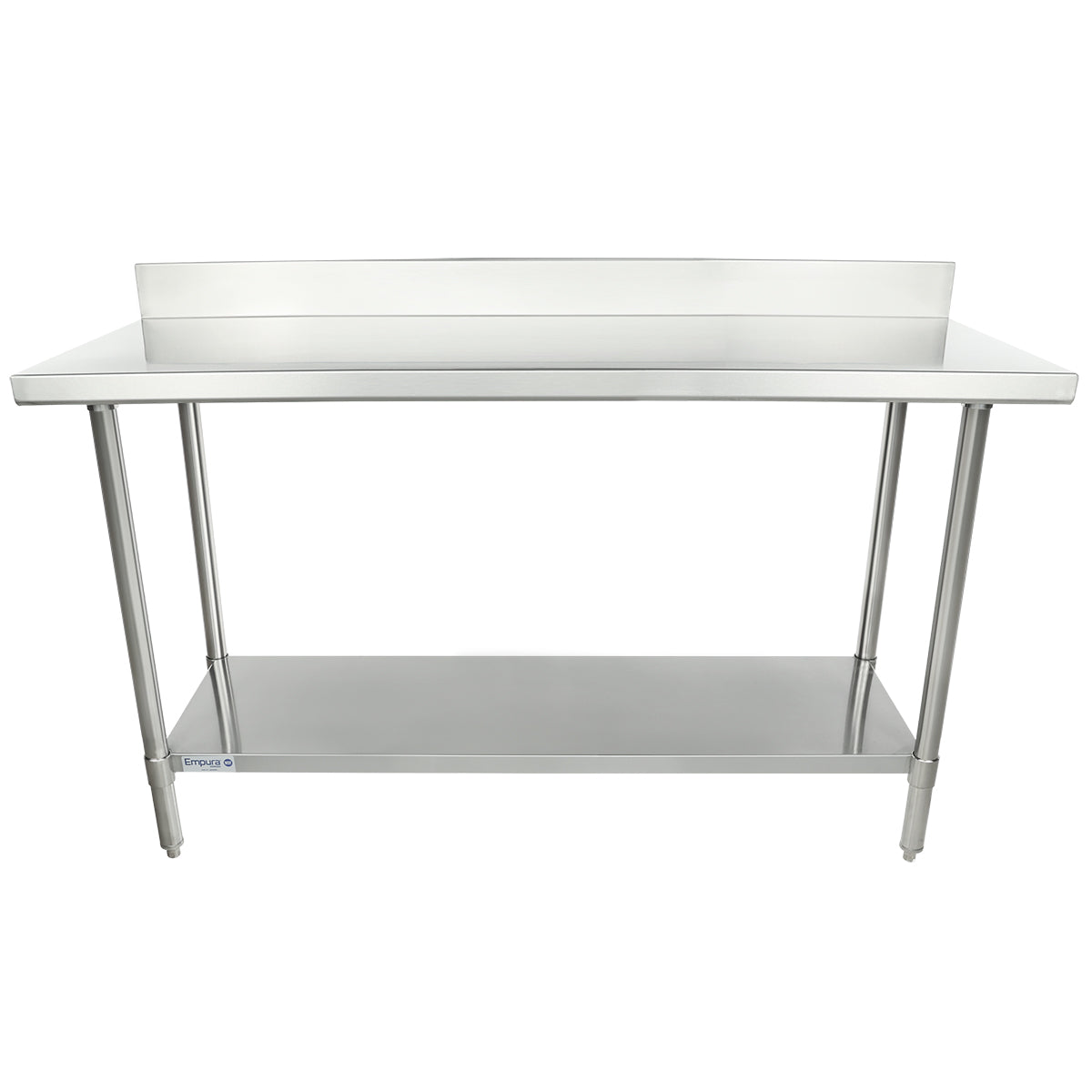 This 60 inch stainless steel work table features an undershelf and a raised backsplash along the back edge. With four sturdy legs and a smooth, flat surface, its industrial design is ideal for kitchens or commercial spaces.