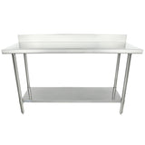This 60 inch stainless steel work table features an undershelf and a raised backsplash along the back edge. With four sturdy legs and a smooth, flat surface, its industrial design is ideal for kitchens or commercial spaces.