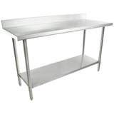 A 60 inch stainless steel work table with a raised backsplash along the back edge, four cylindrical legs, and a flat lower shelf for storage. Its smooth, reflective surface and sturdy industrial design make it ideal for kitchens or workshops.