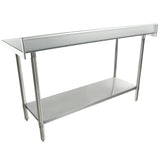 A 60 inch stainless steel work table with an undershelf, four cylindrical legs, and a raised backsplash. The smooth, reflective tabletop is ideal for kitchen or industrial use.