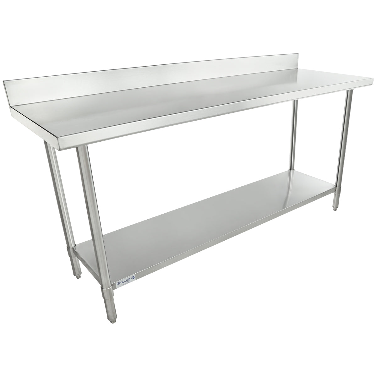 This 72 inch stainless steel work table features a backsplash, four cylindrical legs, and a lower shelf for storage. Its smooth, flat surface and minimalist design make it ideal for kitchens or commercial settings.