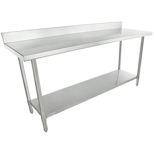 This 72 inch stainless steel work table features a backsplash, four cylindrical legs, and a lower shelf for storage. Its smooth, flat surface and minimalist design make it ideal for kitchens or commercial settings.