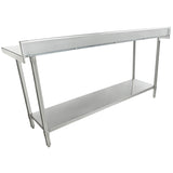A 72 inch stainless steel restaurant work table with four legs, an upper ledge, and a lower shelf for storage. Its rectangular, modern design is ideal for commercial kitchens or buffet service lines.