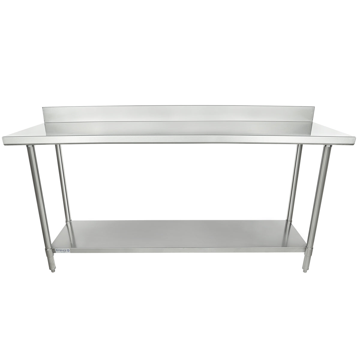 A 72 inch stainless steel work table with a backsplash, four metal legs, and an undershelf. Its flat surface and raised back edge offer durability and extra storage, making this work table perfect for any busy workspace.