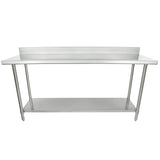 A 72 inch stainless steel work table with a backsplash, four metal legs, and an undershelf. Its flat surface and raised back edge offer durability and extra storage, making this work table perfect for any busy workspace.