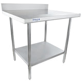 A 36 inch stainless steel work table with a backsplash, four cylindrical legs, a lower shelf for storage, and an Empura logo on the front. The clean, industrial design is perfect for commercial kitchens or food service environments.