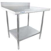 A 36 inch stainless steel work table with a backsplash, four cylindrical legs, a lower shelf for storage, and an Empura logo on the front. The clean, industrial design is perfect for commercial kitchens or food service environments.